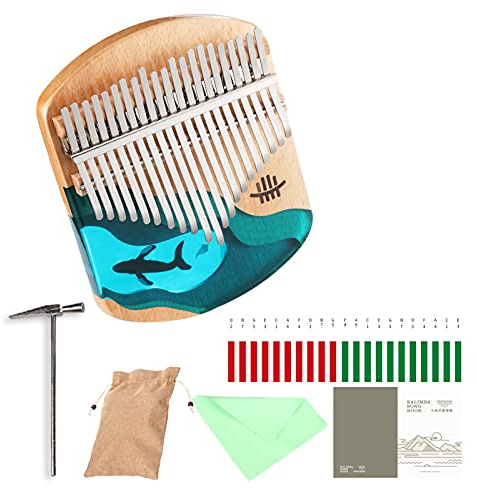 Hluru Piano 21 Keys Beech Wood Thumb Finger Piano Portable Musical Instrument med Hammer Songbook For Kids Adults Börjare Blue Ocean Whale Pattern