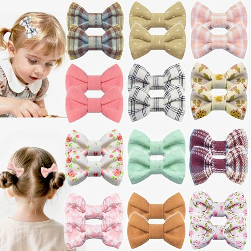 24PCS Baby Girls Hair Bow Clips, Fully Lined Baby Bow Clips for Fine Hair, Non Slip Hair Accessories in Pairs