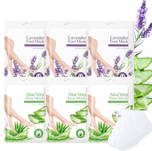 6 par fotmask för mycket torra fötter – fotmask mot förhårdnader, fotvård fotpeeling mask med aloe vera & lavendel, exfolierande förhårdnadsstrumpor och förhårdnadsborttagare strumpor