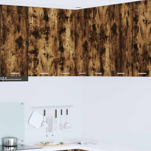 Mokuyary Armario colgante de roble ahumado y blanco, 57 x 57 x 80 cm, armarios de pared de cocina, armario de pared de baño, modelo 1 armario de esquina colgante de 57 cm de ancho y 80 cm de alto
