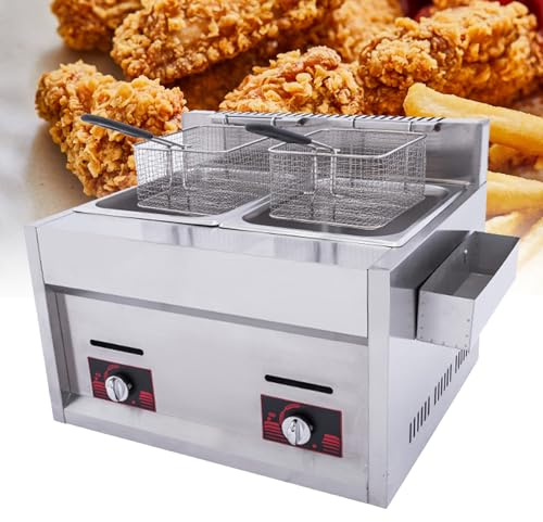 Fritös för gasfritös med dubbla cylindrar med 2 korgar och lock, 10 L vardera, justerbar temperatur 150–190 °C, för stekt kyckling, chips och mer