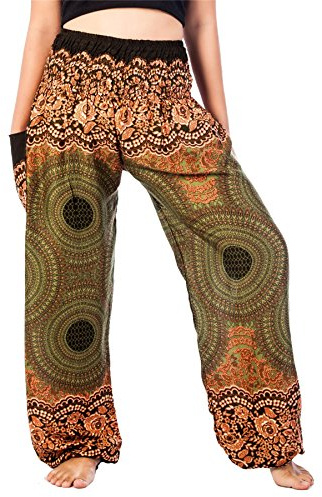 Lofbaz Harem Pants for Women Hippie Boho Festival Clothing - Bohemian Trousers for Yoga Beach Summer - Smocked Waist with Pockets - Rose 1 Green XL