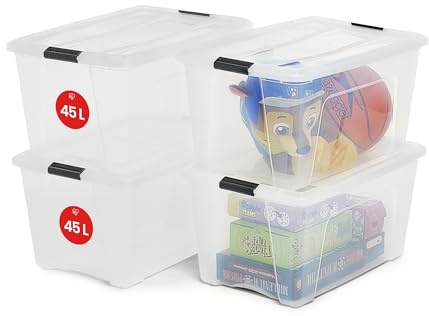 Iris Ohyama Aufbewahrungsboxen mit Deckel, 45L, 4er-Set, Transparent, Sicherer Verschluss, Stapelbar, Griffe, Schlafzimmer, Schrank, Büro, Organisation, BPA-freies Plastik, Ordnungsboxen, NTB-45