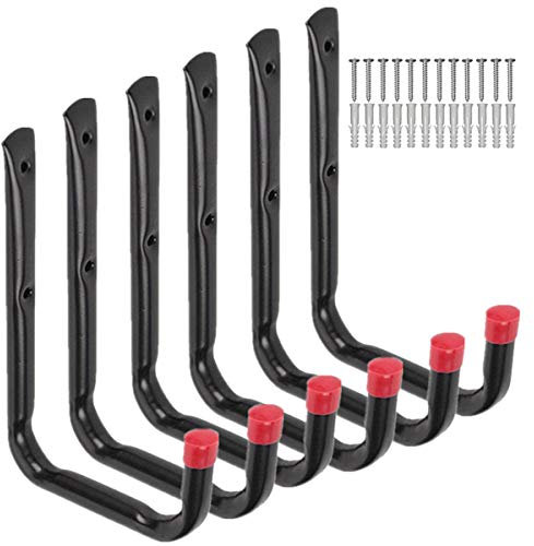 PiPaFox Crochets utilitaires robustes pour le stockage dans le garage, système d’organisateur à montage mural en U pour vélo, chaise, échelles, tuyau, remise (6 crochets moyens en J)