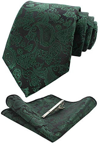 JEMYGINS Dunkelgrün krawatte Grün Seide Paisley Herren Krawatten und Einstecktuch mit krawattenklammer Sets (2)