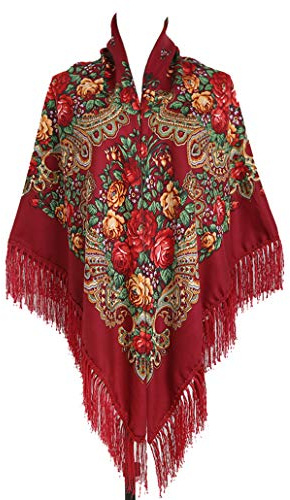 Gudessly, Bufanda tradicional retro de gran tamaño con flecos para mujer, chal de 157 x 157 cm, Estampado floral, Wind rojo, 62*62inch