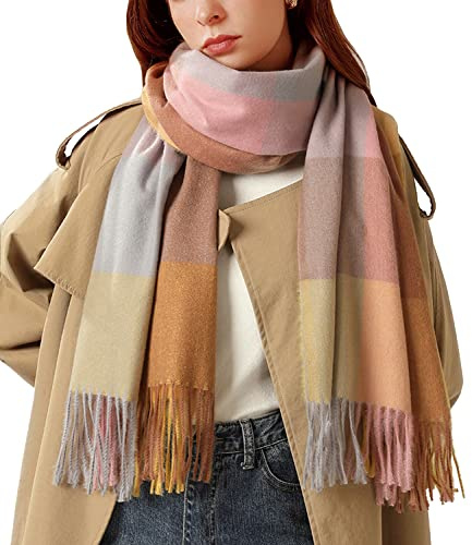 HYUET Bufandas Mujer Invierno Grande a Cuadros, Cachemira Chal Cálido Moda Largas Bufandas Mujer Invierno de Punto con Flecos para Mujeres Hombres,B-amarillo,70x180cm
