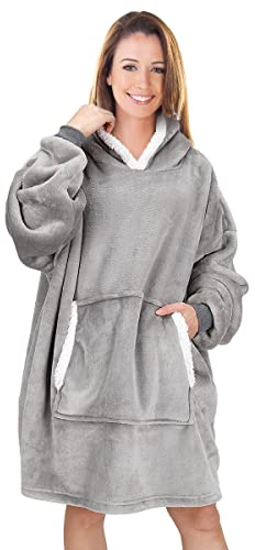 TOWINGO Felpe con Cappuccio, Pullover Blanket Hoodie con Tasca, Coperta TV Oversize Sherpa Fleece Blanket Pullover Hoodie per Donna, Taglia Unica, Grigio