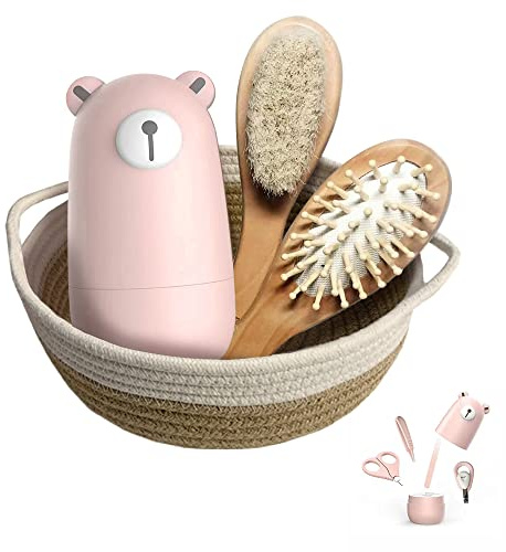 Baby 7 in 1 set di toelettatura, forbici per unghie, lima per unghie, pinzette, pettine per capelli in legno naturale, cesto portaoggetti per bambini e neonati in bella confezione regalo