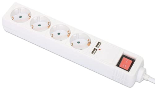 Manhattan 4-fach Steckdosenleiste mit 2 USB-Ladeports und Netzschalter, Schutzkontakt, weiß