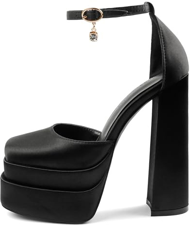 MERUMOTE Womens Sexy High Heels Platforms Pumps Square Toe Chunky Block Heels Rhinestone Party Shoes Black Satin US7