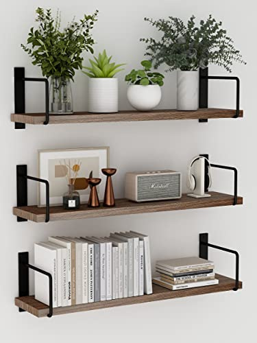 EALLRINEC Floating Shelves - 24 Inch Wall Mounted Set of 3 Rustic Wood Shelves for Wall Decor and Living Room Storage (Brown)