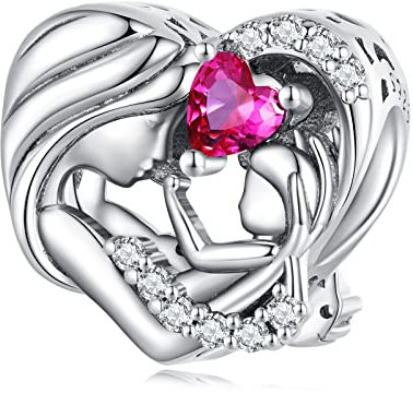 NINGAN Maman et enfant Charms 925 perles coeur en argent sterling 5a pierre précieuse rose brillant Bracelet perlé pour femme