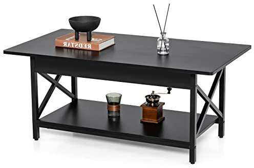 LIFEZEAL Mesa de Centro de Salón Con Tablero Grande 110 x 60 x 48 cm, 2 Niveles, Estructura de Acero, Diseño Industrial (Negro)