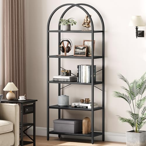 IDEALHOUSE Bookshelf 5 Tier Bookcase Arched Display Racks Tall Standing Bookshelves Metal Frame Modern Storage Rack Shelf Large Wood Book Shelf for Bedroom, Living Room, Home Office (Black)