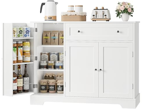 HOSTACK Buffet Cabinet with Storage, Modern Sideboard Buffet with Doors, Wood Coffee Bar Kitchen Storage Cabinet with Drawer and Adjustable Shelf for Kitchen, Dining Room, Living Room, White