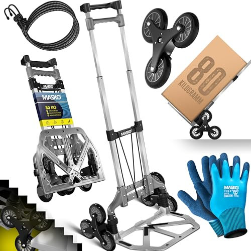 MASKO® Diable pour escaliers pliable 80 kg capacité de charge 3x3 Diable pour escaliers avec roues + 2 cordes expander + gants - poignée réglable en hauteur - Diable en aluminium pour transport