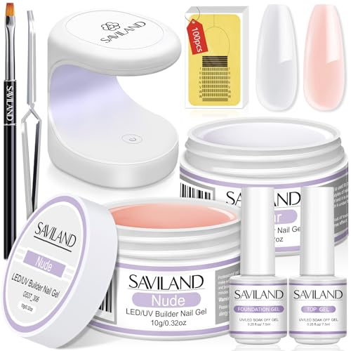 SAVILAND Builder Nail Gel Kit: Nail Extension Kit With Mini Nail Lamp, 100pcs Nail Forms, Clear Pink Builder Gels, Nail Strengthen & Art Manicure Tools