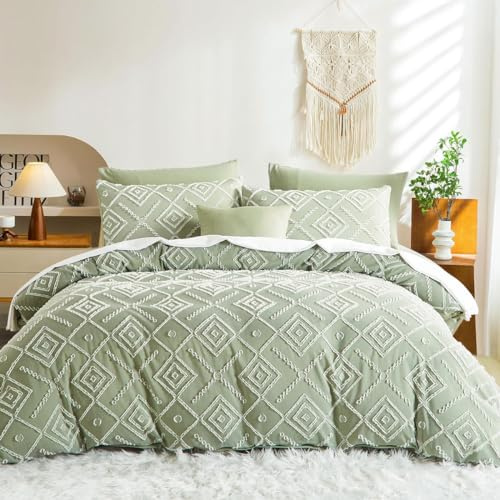 Lanqinglv Juego de Ropa de Cama de 135 x 200 cm, 4 Piezas, Color Verde, Estilo Bohemio, Reversible, de Microfibra, Estilo Shabby Chic, Bohemio, 2 Fundas nórdicas con Cremallera y 2 Fundas de Almohada