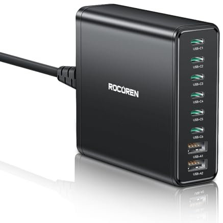 Rocoren Station de Charge 340W, Chargeur USB c Rapide avec 8 Ports GaN PD100W avec câble AC de 1,5 m pour MacBook Pro, iPhone 16/15, iPad,Galaxy A05s/A55,SteamDeck,Acer,Lenovo