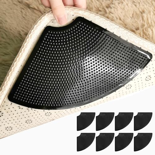 Daily Treasures 8Pcs Rug Gripper, Rug Grips with Dots Non Slip Adhesive, Anti-Slip Reusable Rug Carpet Grippers for Wooden & Hard Floors Fan Shaped Rug Pads to Keep Rugs in Place & Make Corners Flat