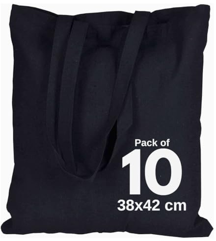 Cotton Canvas Plain Tote Bags to Decorate in Bulk Pack of 5/10/25/50, 145gsm 100% Natural Cotton Premium Fabric Blank Reusable Large Canvas bag -38 X 42 cm+65cm long Handles (Pack of 10-Black)