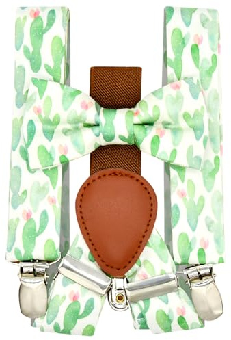 Qenidm Boy Suspenders Bow Tie Set, Watercolor Cactus Pattern