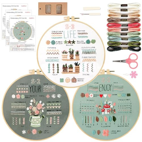 OWill 3 Pcs Embroidery Kits for Beginners, Cross Stitch Kits with Embroidery Patterns Hand Embroidery Starter Set Adults Included Colored Threads, Needles, Hoops and Instruction
