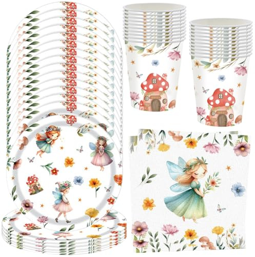 HGSHUO Älva festservis födelsedag party porslin barnfödelsedag dekoration älvor papperstallrik mugg servetter Fairy födelsedagsfest bröllop baby party picknick bordsdekoration set 20 gäster