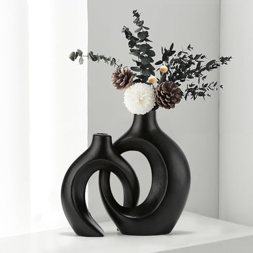 Anquephd Svart ihålig keramisk vas uppsättning av 2, unik rund modern vas för nordisk minimalistisk stil dekoration, donut boho estetisk vas för kaffe & köksbord, pampasgräs. Svart