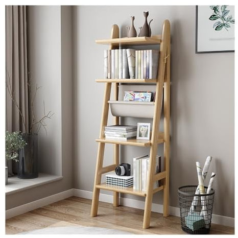 LICONG-2020 Trapezoidal Storage Rack 4-Tier Leaning Bookshelf Ladder Bookcase Open Display Storage Rack Shelf Flower Plant Stand Wooden Book Shelf Storage Rack, Trapezoidal(Natural)