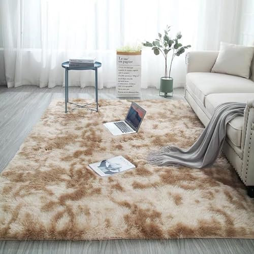 SBJKLYRN Carpeting Carpets Modern Tie-dye Carpet Light Luxury Minimalist Style Washable Long Plush Rugs Living Room Décor Extra Large Shaggy Rug For Home Decor(Tie dye Khaki,50 * 80)