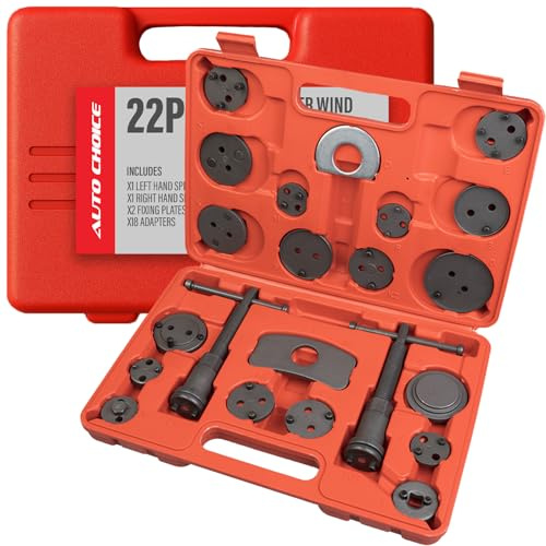 Xtremeauto 22pc Caliper Wind Back Tool Kit – Left & Right Hand Thread Spindles, 18 Universal Adapters & Plates – Brake Piston Rewind Tool Set with Case – For Brake Pad Replacement & Caliper Servicing