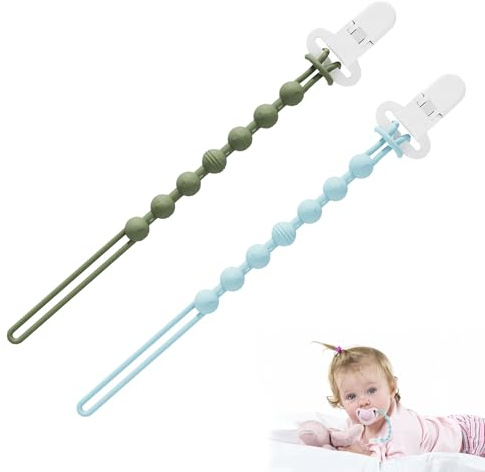 2PCS Baby Silicone Pacifier Holder, One-Piece Design Pacifier Clips, Soother Clips Suitable for Most Pacifiers and Teething Toys, Color is Sage + Ether (Military Green + Light Blue)