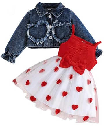 JCOPLY Baby Girl Dress and Cardigan Set Heart Print Bow Decor Cami Tutu Dress Long Sleeve Lapel Denim Jacket Kids Girls Fashion Outfit Autumn Clothes (Red, 12-18 Months)
