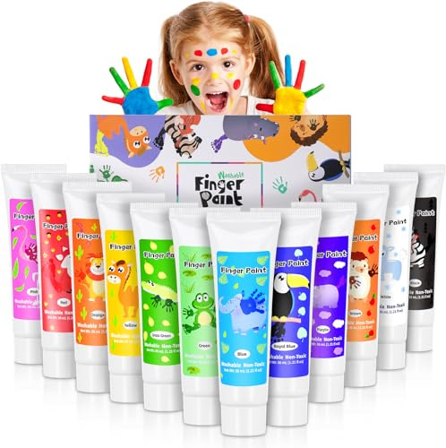 TOGOU2S Finger Paints for Kids, 12 Colours Washable Paint Set, Baby Safe Non Toxic Toddler Paint, 12 x 36ml Finger Painting Kit for Children, Preschool Art, Handprint and Footprint Crafts