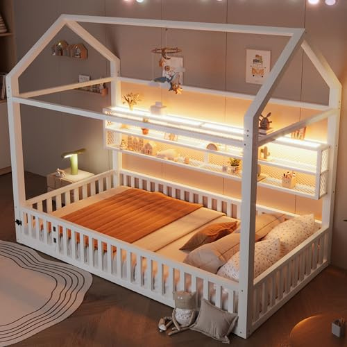 Sapgaks Lit cabane Enfants 90x200 avec LED,Cadre de lit Enfant 90x200,Lit Plateforme en Forme de Maison lit Enfant avec barrière et éclairage (Blanc, 90 x 200)