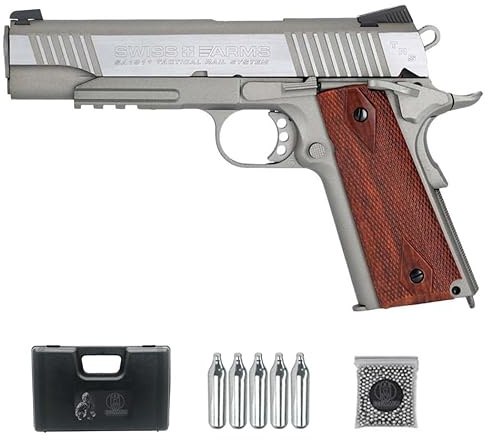 Pistola Swiss Arms 1911 Tactical Silver CO2 (4,5mm) | Pack Pistola de balines Aire comprimido (maletín + 5co2 + 500 BB´s).