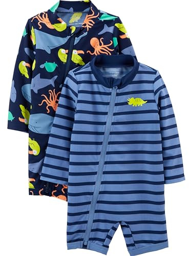 Simple Joys by Carter's Paquete de 2 Camisetas de protección con Cremallera para niño, Navy Sea Friends/Purple Stripe, 18 Meses