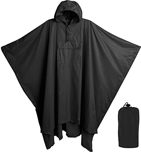 Lingito Heavy Duty Rain Poncho for Backpacking, Waterproof Lightweight for Adults, Military, Emergency, Camping, Men, Women, Square Black, One size