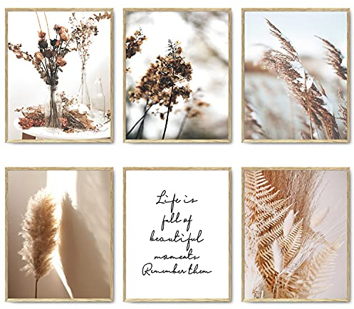 Set di 6 stampe artistiche da parete con paesaggio naturale e piante, pittura su tela, minimalista, decorazione da parete, immagini con fiori secchi con canna, set di poster per soggiorno, camera da