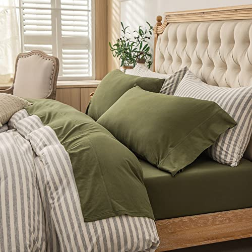 PURE ERA Jersey Knit 4pc Bed Sheet Set 100% T-Shirt Heather Cotton Super Soft Comfy Breathable Fits Mattress Up to 20 Extra Deep Pocket(Olive Green, Queen)