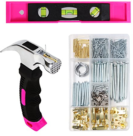 TOYIEW Picture Hanging Kit, 315pcs Hanging Hardware with Hooks, Wire, Nails, D Ring, Wall Hanging Kit with Hangers, Magnetic Level and Small Pink Claw Hammer, nails for hanging pictures for Home Decor