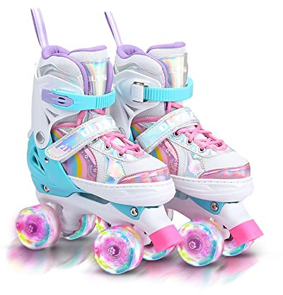 OLYSPM Roller Enfant Fille, Patin a Roulette avec 8 Roues Lumineuses,Stylish Licorne Arc en Ciel Design,4 Taille Réglable, pour Enfants,Adolescents,Débutants(Rose)