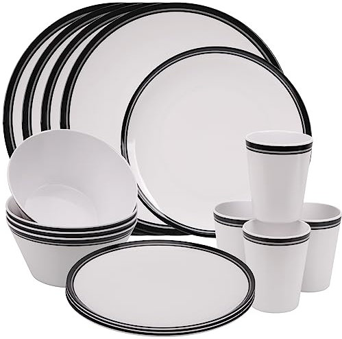 Trimming Shop Juego de vajilla de melamina de 16 piezas | Platos, platos de postre, cuencos y tazas | Blanco con rayas negras | Vajilla de fiesta | Servicio para 4 personas | Juego de vajilla para