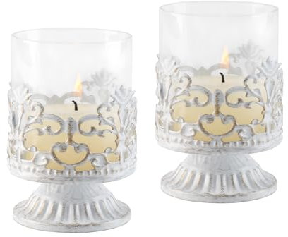 Candeldo Deko Vintage Gothic Kerzenständer Weiss: 2er Set Windlicht Kerzenleuchter Kerzenhalter Metall Landhaus Dekoration Wohnzimmer Fensterdeko Barock Deko Windlichter Halloween