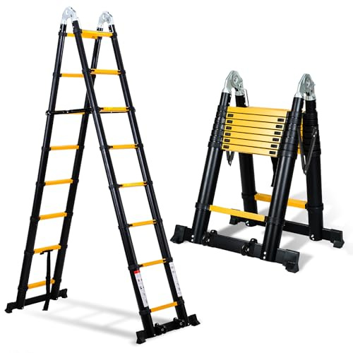 Yakimz Échelle télescopique en aluminium de 5 m - Multifonction - Antidérapante - Pliable - Charge maximale : 150 kg - Échelle en aluminium pour jardin intérieur - Noir et jaune