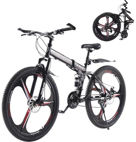 LSBIKE 24 26 27.5In Foldable Mountain Bike Dual Suspension Hardtail Bicycle Men Women Mountain Bike 21 Speed Drivetrain Lightweight Frame Sport Cycling Bike for Adult (Black Red, 27.5inch)
