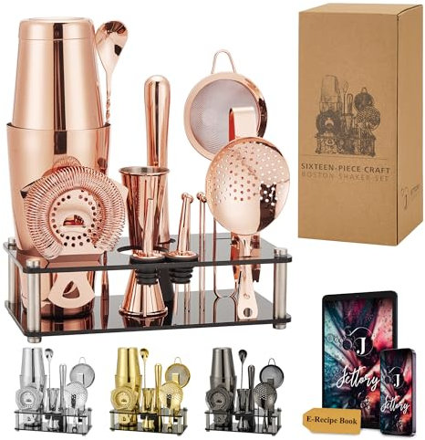 Jettory Boston Shaker Set - Set da Cocktail in Acciaio Inossidabile da 16 Pezzi con Base in Acrilico, Colino, Pinza per Ghiaccio, Cucchiaio da Bar, Misurino, Pestello, Versatori & Picks per Cocktail