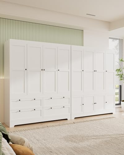 White Large Wardrobe Closet, 8 Door 71 Tall White Wooden Freestanding Storage Armoire – Oversize Capacity Modular Cabinet with Drawers, Space-Saving Durable Design for Bedroom & Closet Organization